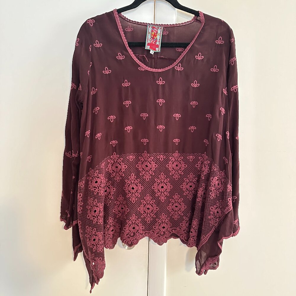 Johnny Was Vintage solid burgundy top with leaf application on the back.